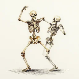 anatomically incorrect, vaguely - protracted faux - painterly skeletons drawn with a crayon censored doing weird awkward dance motions