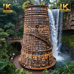 professional photograph of a fancy infinite spiral library, waterfall, surrounded by nature, 4 k, 8 k, hd