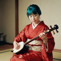full color still of a woman with teal hair and red yukata playing shamisen in 1920 Sapporo, 150mm lens by Akira Kurosawa, 1980 cinematography