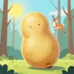 a large potato shooting a deer in the woods with sun high above and cloudy, ultra realistic, concept art, intricate details, highly detailed