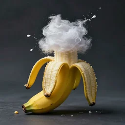 a dramatic photo of a banana getting peeled with cotton candy inside. paint splashes. moody and melancholy.