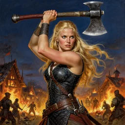 an ultradetailed picture of a tough looking blonde viking woman holding a battleaxe above her head, in the style of a 1 9 8 0 s rom - com, fantasy, intricate, elegant, highly sharp focus, illustration, digital painting, burning village in the background, night time raid, 8 k, artstation, fine detail, art by frank frazetta, john collier, albert aublet, krenz cushart, artem demura, and alphonse mucha