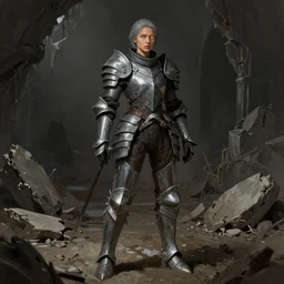 full body character portrait of a female grey warden from dragon age standing in broken muddy underground ruins wearing grey warden armor, dragon age concept art, dragon age concept art, illustration, digital painting, matte painting, realistic lighting, with a realistically proportioned face, glowing eyes, photorealistic eyes, good value control, realistic shading, realistic face details