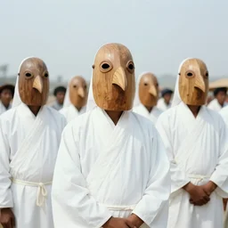 realistic photo of the people wearing white robes in wooden birds masks made of wood 1 9 9 0, life magazine reportage photo