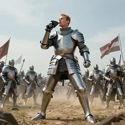 cinematic artwork of depeche mode performing to armored medieval warriors on a battlefield by greg rutowski, 4 k, sun rays, masterpiece