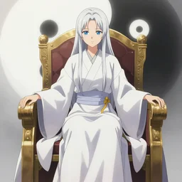 anime high priestess siting in her trhone. yin and yang