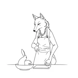 lineart of a wolf human hybrid in an apron, cooking a rabbit. book illustration, monochromatic, minimalistic