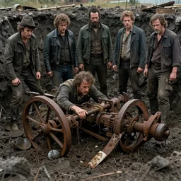 movie still of stomped to pieces, macerated by age and rust, whip machine, in muck pit, by liam sharp, virgil finlay, alberto bontempi, shigeru komatsuzaki, wayne d barlowe, alex ross, simon bisley & boris vallejo, enric torres, hyper realism, cinematical, narrative light, muted colors, epic,