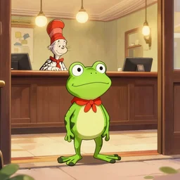 a small frog standing on two feet at the hotel reception entry, in the style of dr. seuss