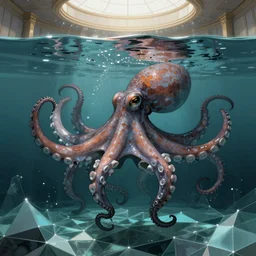 octopus as ink descending from the surface of water in a polygonal ocean inside a museum, light dust, magnificent, close up, details, sharp focus, elegant, highly detailed, illustration, by Jordan Grimmer and greg rutkowski and PiNe(パイネ) and 薯子Imoko and 香川悠作 and wlop and maya takamura, intricate, beautiful, Trending artstation, pixiv, digital Art