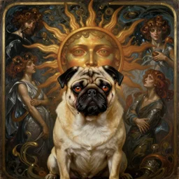 is a stunning, breathtaking, awe-inspiring award-winning conceptual Art Nouveau painting with an attractive pug in the role of the sun god, with disturbing, piercing eyes, Alphonse Mucha, Michael Whelan, William Adolphe Bouguereau, John Williams Waterhouse and Donato Giancola, cyberpunk, extremely gloomy lighting, shining light and shadow, atmospheric, Cinematic, Unreal Engine, 8K