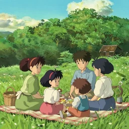family having picnic, hayao miyazaki, artstation