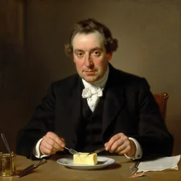 portrait of a respectable dignified royal business elite politician sitting at a finely set table with a fork and knife about to consume an entire stick of butter, official fanart behance hd artstation, master painting solomon joseph solomon and richard schmid and jeremy lipking victorian genre painting portrait painting