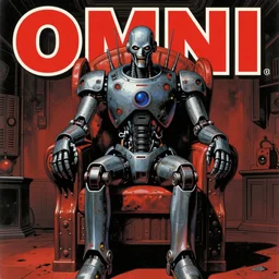 1979 OMNI Magazine Cover depicting a creepy imposing Robot standing in a throne room. Cyberpunk Akira style by Vincent Di Fate