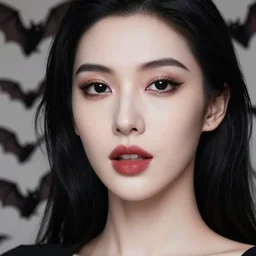a photorealistic, stunning, beautiful, vampire, professionally retouched, soft lighting, hyper realistic, detailed bats in background, beautiful round lips, smooth white skin, black hair, black eyes, pointed fangs, wide angle, sharp focus, 8 k high definition, 6 4 megapixels, insanely detailed, stunningly beautiful