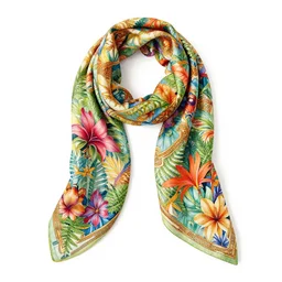 scarf versace, colorful ferns and tropical flowers, surreal, abstract, colorful, detailed art, illustration style, watercolor, repeating pattern!!!