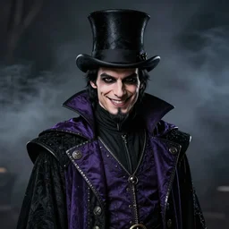 a portrait of mena massoud wearing purple and black ringmaster attire, nefarious smirk, young adult in his early 3 0 s, black hair, medieval, black top hat, pencilthin goatee, warlock, smokey background, style by donato giancola, wayne reynolds, jeff easley dramatic light, high detail, cinematic lighting, artstation, dungeons and dragons