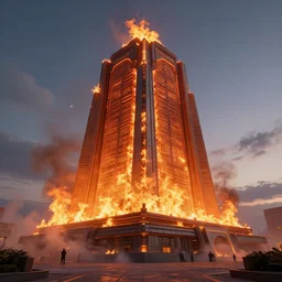 a beautiful hyperrealistic detailed 3D render of a burning monument, by Anton Otto Fischer, Atey Ghailan, genzoman, unreal engine, octane render, gigantic, 3D, brilliantly coloured, intricate, ultra wide angle, trending on artstation, embers, smoke, dust, dusk, volumetric lighting, HDR, polished, micro details, ray tracing, 8k