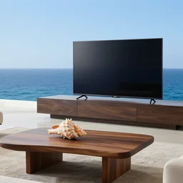 A modern living room in the middle of the ocean, a luxurious wooden coffee table with large seashells on it, A huge television, amazing detail, 8k resolution, blue color, calm, relaxed style, harmony, wide angle shot