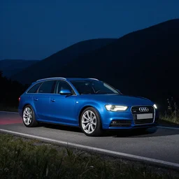Denim Blue Audi A4 B8 Avant (2012) on a mountain road at night, wide shot