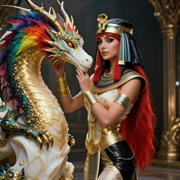 red - haired final fantasy white marble egyptian nun caressing her vibrant rainbow dragon, warframe armor, regal, attractive, ornate, sultry, sexy, beautiful, elize theron, pretty face, green eyes, scifi platform, 4 k, ultra realistic, epic lighting, illuminated, cinematic, black gold, art by alexandra petruk, voidstar