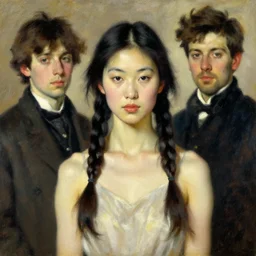 a stunning masterful portrait of a confident chinese woman with braided hair by andrew wyeth, john singer sargent, and norman rockwell, natural light, oil painting, ethereal, wong kar wai, strong brushwork