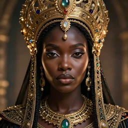 portrait of queen, zoom, close - up, macro, fantasy, rule of thirds, atmosphere, intricate, regal, african, octane render, 8 k, unreal engine, lumen, symmetrical!!, loreal, maybelline, sephora, loreal, artstation, art by karol bak, art by artgerm, cinematic, concept art, filmic, vsco