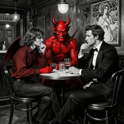 the devil demon and a handsome Frenchman sitting in a Irish pub, film noir style, black and white and red colors, establishing shot, highly detailed, digital painting, artstation, concept art, smooth, sharp focus, illustration, Unreal Engine 5, 8K, art by artgerm and greg rutkowski and alphonse mucha