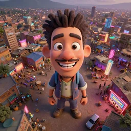 3 d vfx - caricature - art of a bustling - neon lit - ajegunle slum in nigeria, unreal engine render, digital illustration, illustration style by mike winkelmann, sharp, intricate detail, volumetric light, ray tracing, soft light, colourful, claymation, drone view, fish eye lens, acrylic, cinestill 8 0 0 t photograph,