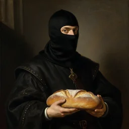 portrait of a medieval thief holding a loaf of bread and wearing black balaclava mask  by George Stubbs, renaissance painting, oild painting, old master