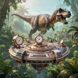 an elaborate time machine with floating platform over a prehistoric jungle with a t - rex in the background, unreal engine, hyper detailed