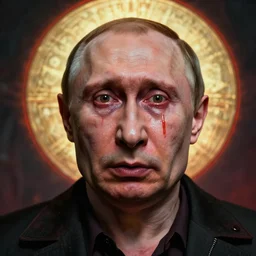 shocked face of putin demon, bosch, hell, tears, hyper - realistic, sharp focus, depth of field, hyper - detailed visionary art, symmetric, hell, holy halo, dramatic ambient lighting, high detail, vibrant colors, the thing 1 9 8 2