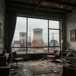 an open - lan loft apartment with a panoramic view of a grim industrial landscape of cooling towers and rusted silos. inside, the apartment is fancy but filled with mess. extreme detail, artstation trending, artgerm, deviant art, octane, substance, art history 8 k