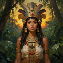 portrait of a beautiful alluring female aztec queen in a dense jungle at sunset, detailed, centered, digital painting, artstation, concept art, donato giancola, alphonse mucha, Joseph Christian Leyendecker, WLOP, Boris Vallejo, Breathtaking, 8k resolution, extremely detailed, beautiful, establishing shot, artistic, hyperrealistic, beautiful face, octane render