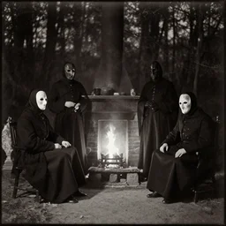 19th century photo of a cult dark old cultists wearing masks in dark forest late night with fireplace by Louis Daguerre