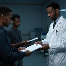 people in black handing over documents to a scientist, night scene, concept art