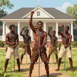 medium portrait of african slaves snapping chains, freedom!!!!, in front of plantation home by artgerm, cushart krenz, greg rutkowski, mucha. art nouveau. gloomy colors, sharp edges. ultra clear detailed. 8 k. elegant, intricate, octane render