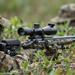 photo of a sniper aiming through the scope of his rifle, side view, 4 k, camouflage, foliage