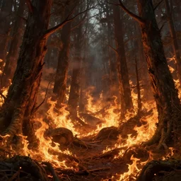 A highly detailed 4K fantasy matte painting of a forest engulfed in flames, zdzislaw beksinski, ArtStation, CGSociety, Unreal Engine