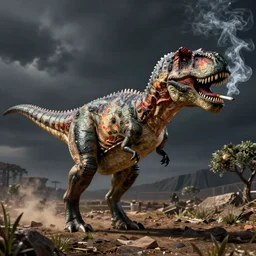 dinosaur smoking a cigarette in their mouth realistic hdr professional shot