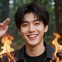 hyper - realistic close - up on the smiling face of a tik tok influencer dancing in a forest with fire and flame