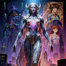 epic poster of a massive female biomorphic cyborg goddess queen statue with intricate energy core in the style of horizon zero dawn, neon genesis evangelion, futuristic downtown city, midnight by artgerm, jean moebius giraud, yoshitaka amano, alphonse mucha, beeple, greg rutkowski. octane render.
