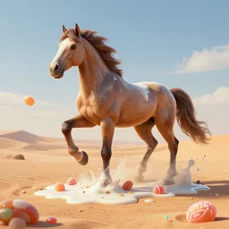a monster horse melting into the desert ground, floating pieces of sweets and candy, hyper detailed, masterpiece, artstation, advanced lighting technology, stylized yet realistic surrealism, 4 k wallpaper