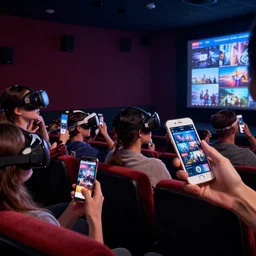 1 9 0 0 s photo of people using iphones ipods virtual reality headsets vr watching hd tv in a movie theater