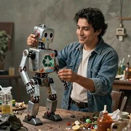 a realistic photo of a latin american recycler making a robot with the retro garbage left by people from their daily consumption, dystopic and utopic conceptual art