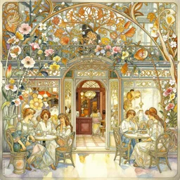 a beautifull intricate watercolour painting of a victorian coffe house with many flowers and, reflexions, verry high details by william turner art, greg rutkowski and alphonse mucha, trending on artstation, very very detailed, masterpiece,