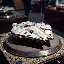 analog  photo of a model of the millennium falcon on a granite turntable, kodachrome, sharp focus, 50mm lens, DOF, ambient lighting