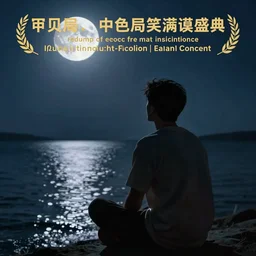 a man siting in front of water looking at the moon light in the night, digital art