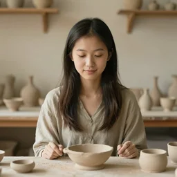 a young woman portrait made of Terracotta. rule of thirds
