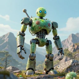 a big robot made out of germs stands in front of a mountain. digital art, octane renderer.
